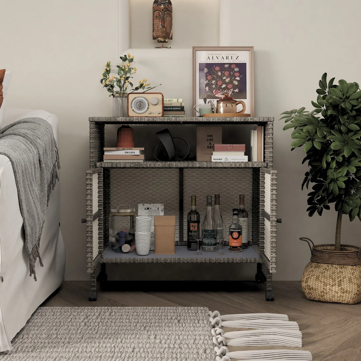 Mobile Woven Rattan Night Stand with Shelves and Two Doors