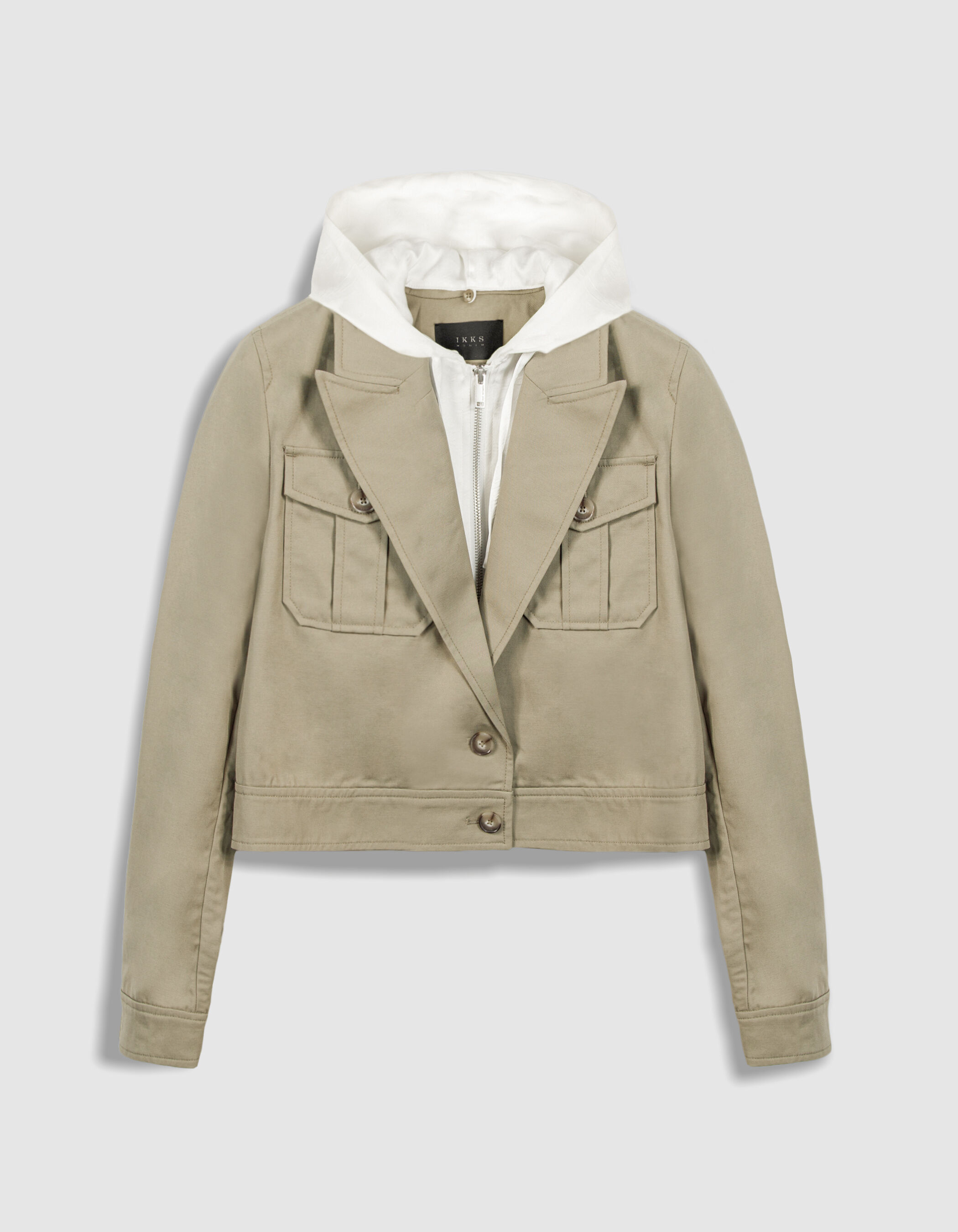 Veste courte kaki capuche blanche satinée amovible Femme