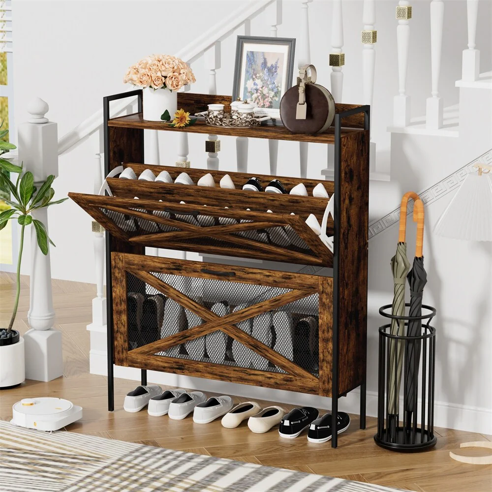 Shoe Cabinet w/2 Flip-Top Drawers,Entryway Narrow Shoe Rack Cabinet