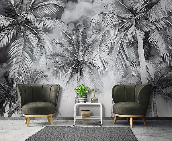 Papier Peint Noir et blanc Palmiers Panoramique Intissé 300x210 cm - Colle Inclus - Moderne XXL Papier Peint por Chambre Salon