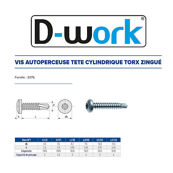 250 Vis Autoperceuses Tête Cylindrique Torx 6.3 x 31.7 mm - Zingué blanc - D-Work