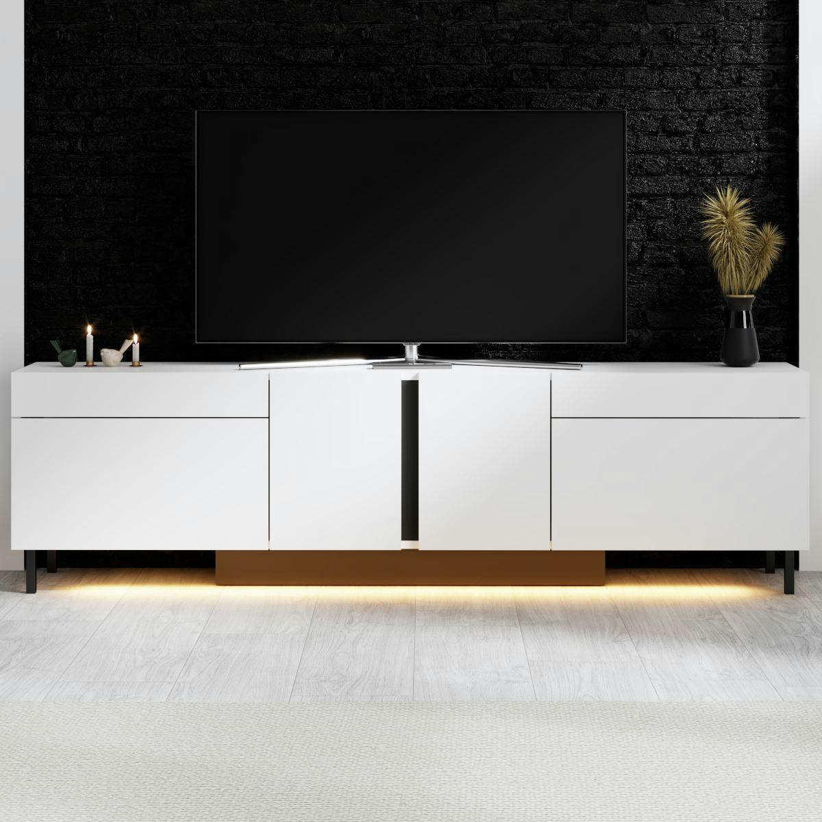 Meuble TV 4 portes blanc LED à télécommande AURA