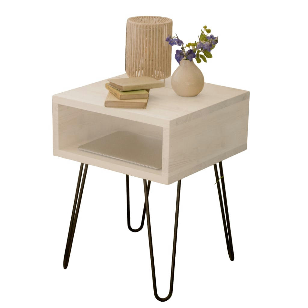 HAIRPIN - Table de chevet en bois d'épicéa massif et fer forgé en couleur blanc