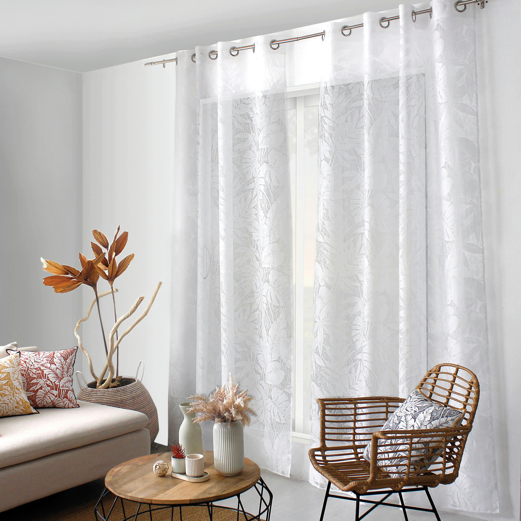 - Voilage tamisant à motif dévoré polyester/etamine blanc 140x240 cm