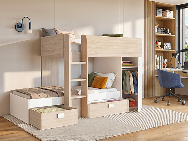 Lits superposés d'angle réversibles RICARDO - 2 x 90 x 190 cm - Rangements intégrés - Chêne et blanc