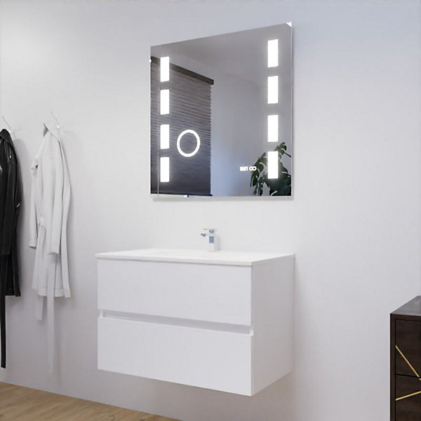 Meuble salle de bain 80 cm ROSALY avec plan vasque et miroir Excell Plus- Blanc- Plan vasque en Céramique