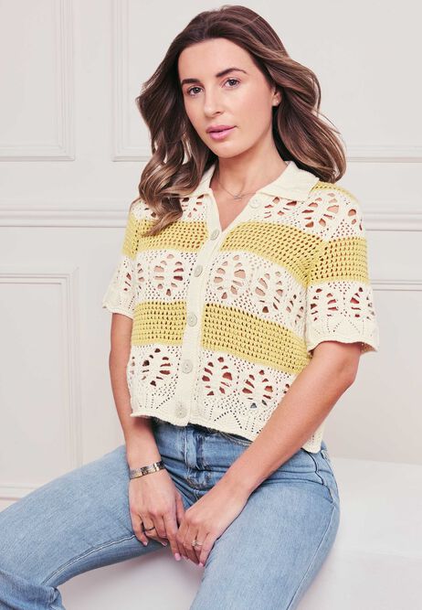 Womens Yellow Stripe Crochet Flower Cardigan