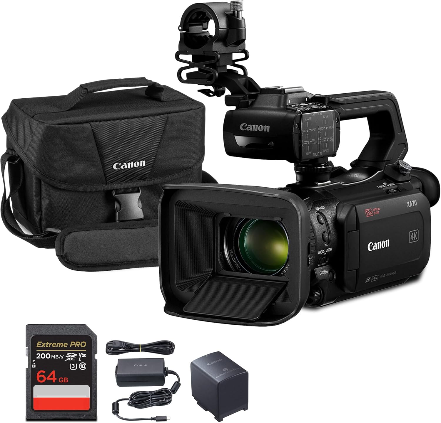 Canon XA70 UHD 4K30 Professional Pro Camcorder 1” 4K UHD CMOS Sensor  Dual-Pixel CMOS AF  15x Optical Zoom  600x Digital Zoom  USB Live Streaming  XLR inputs Bundle with 64GB Memory Card + More