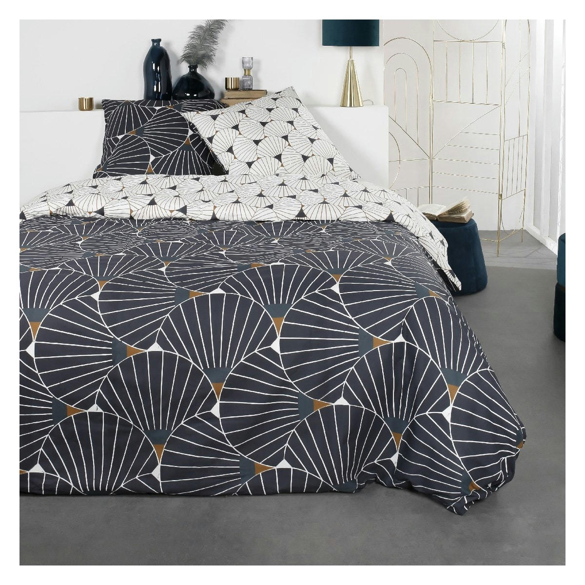 SUNSHINE MADI - Parure de lit 2 personnes imprimé en Coton Bleu 220x240 cm