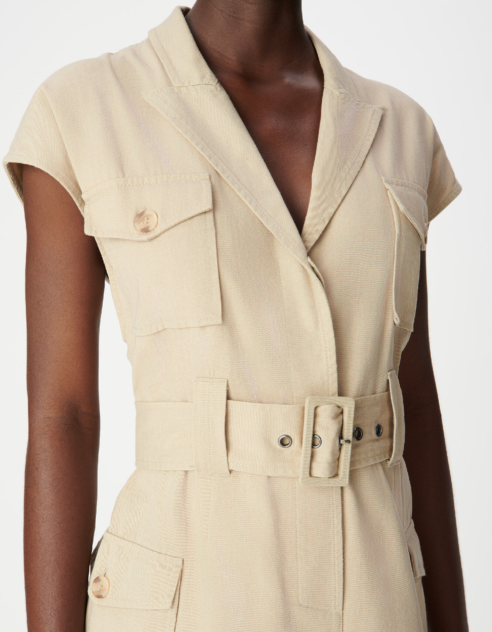 Robe saharienne longue beige sans manches Femme