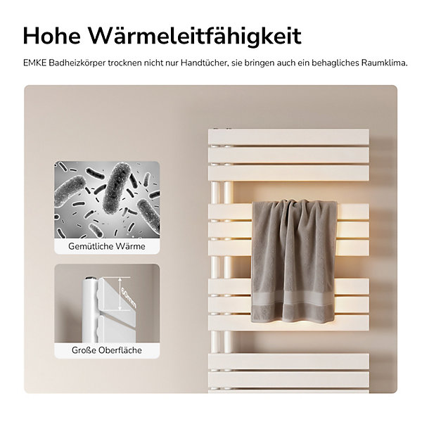EMKE Sèche-Serviettes à Eau Chaude Flat Panel 104x50 cmPuissance 529WFinition Blanc Brillant