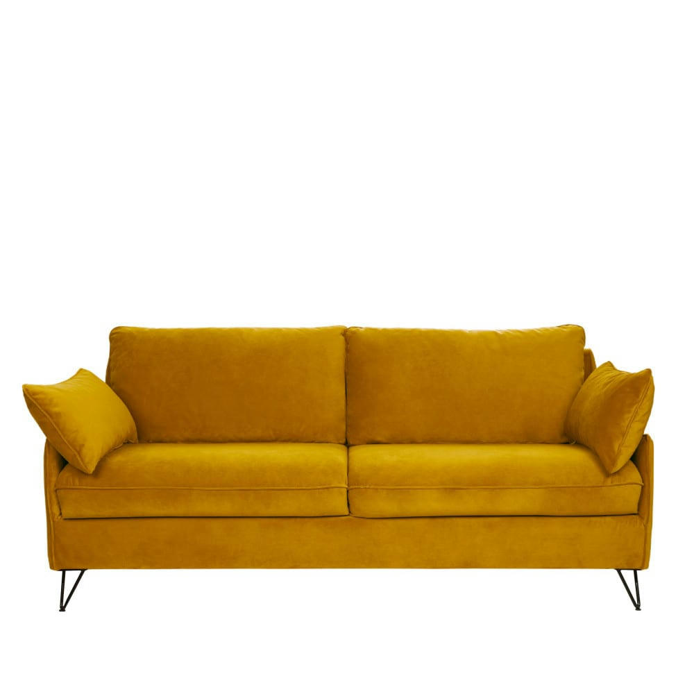 LUNERY - Canapé 4 places convertible en velours pieds épingles noirs jaune mout