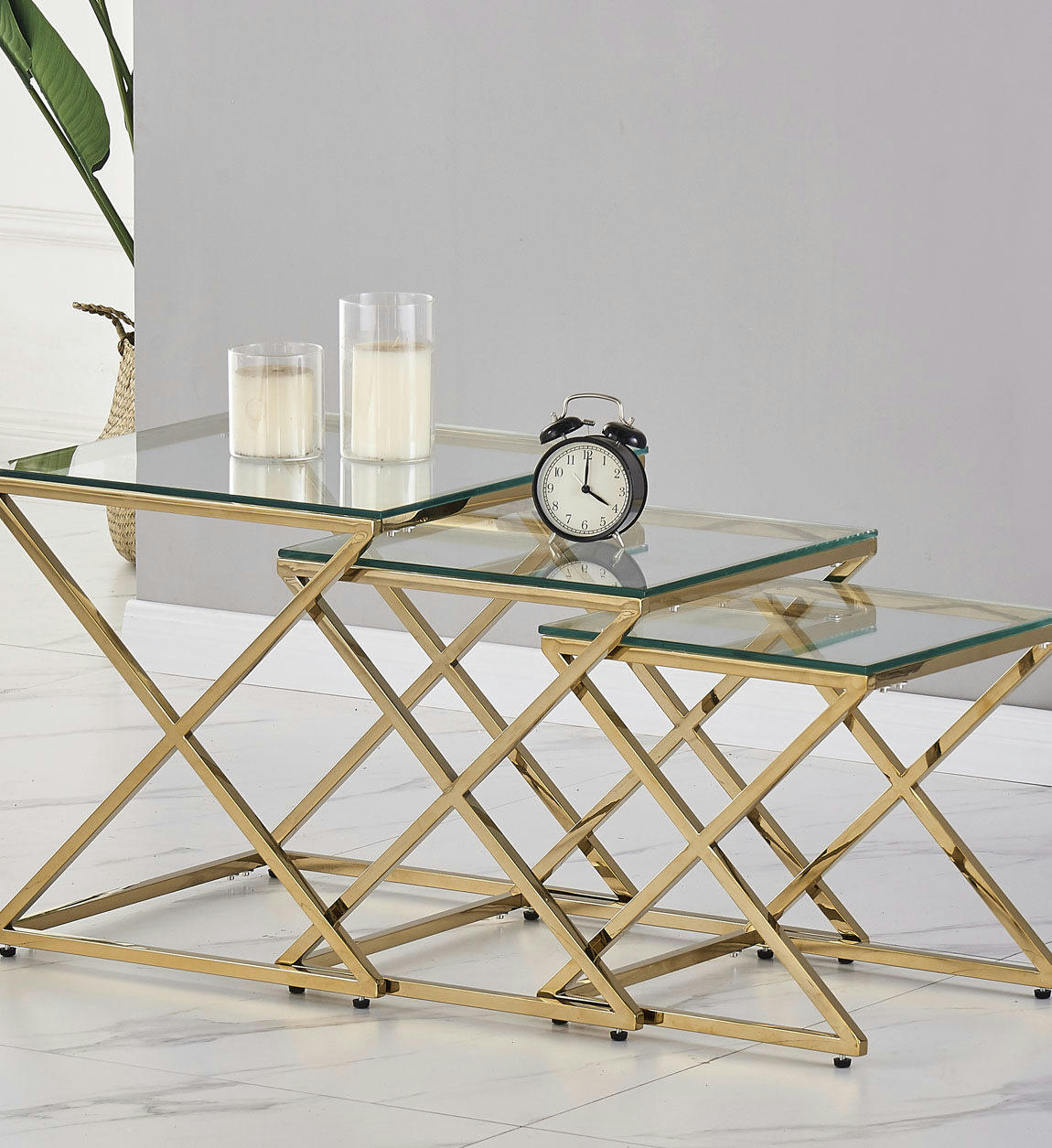 BERLIN - Set à 3 tables vitrées et acier inoxydable L 45