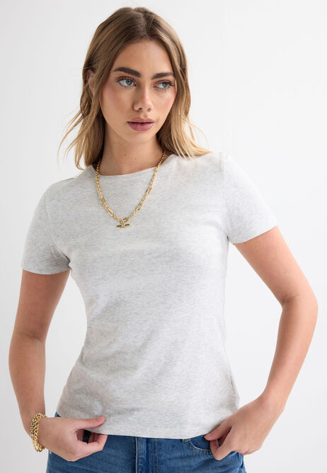 Womens Grey Cotton Crew Neck Top
