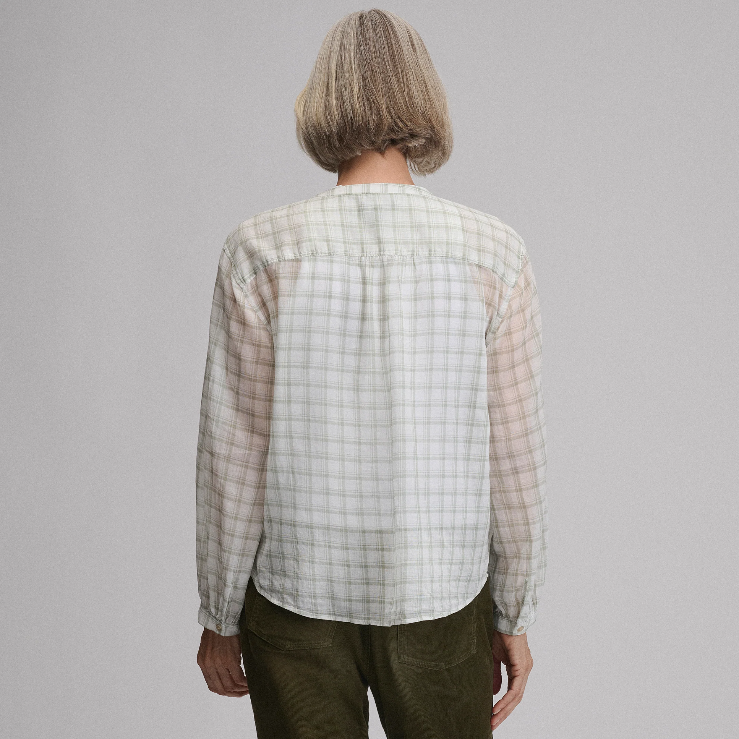 Women's Long-Sleeve Collarless Button-Down Shirt