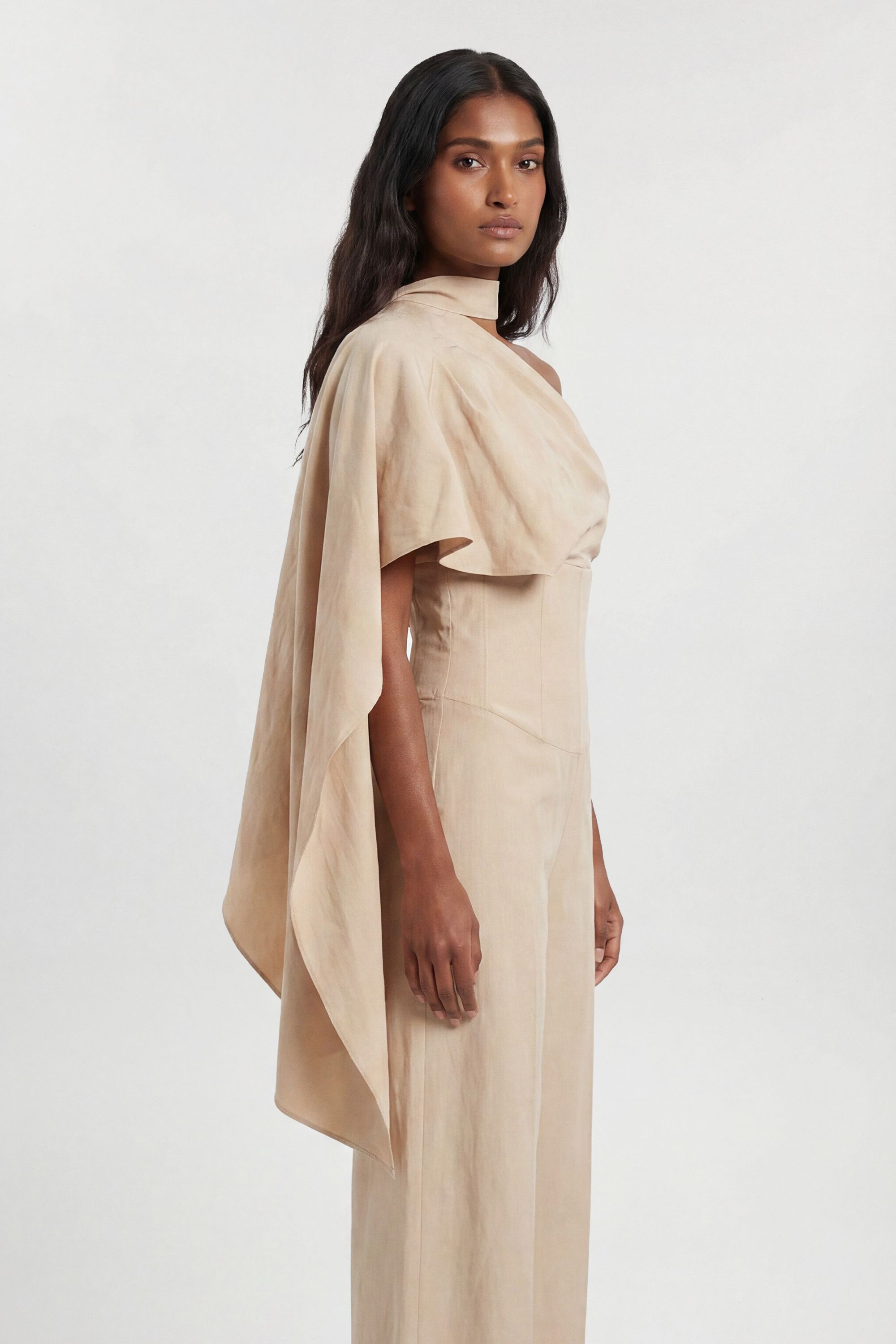 KarenMillen Premium Tailored Linen High Neck One Shoulder Wide Leg Jumpsuit