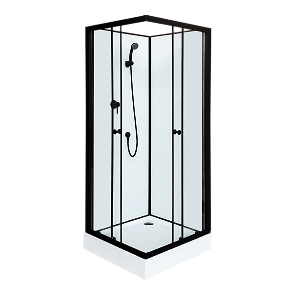 Cabine de douche l.80 x L.80 x H.200 cm – cabine d'angle, montage sans silicone, fond blanc et profilés noirs, GoodHome Arkell