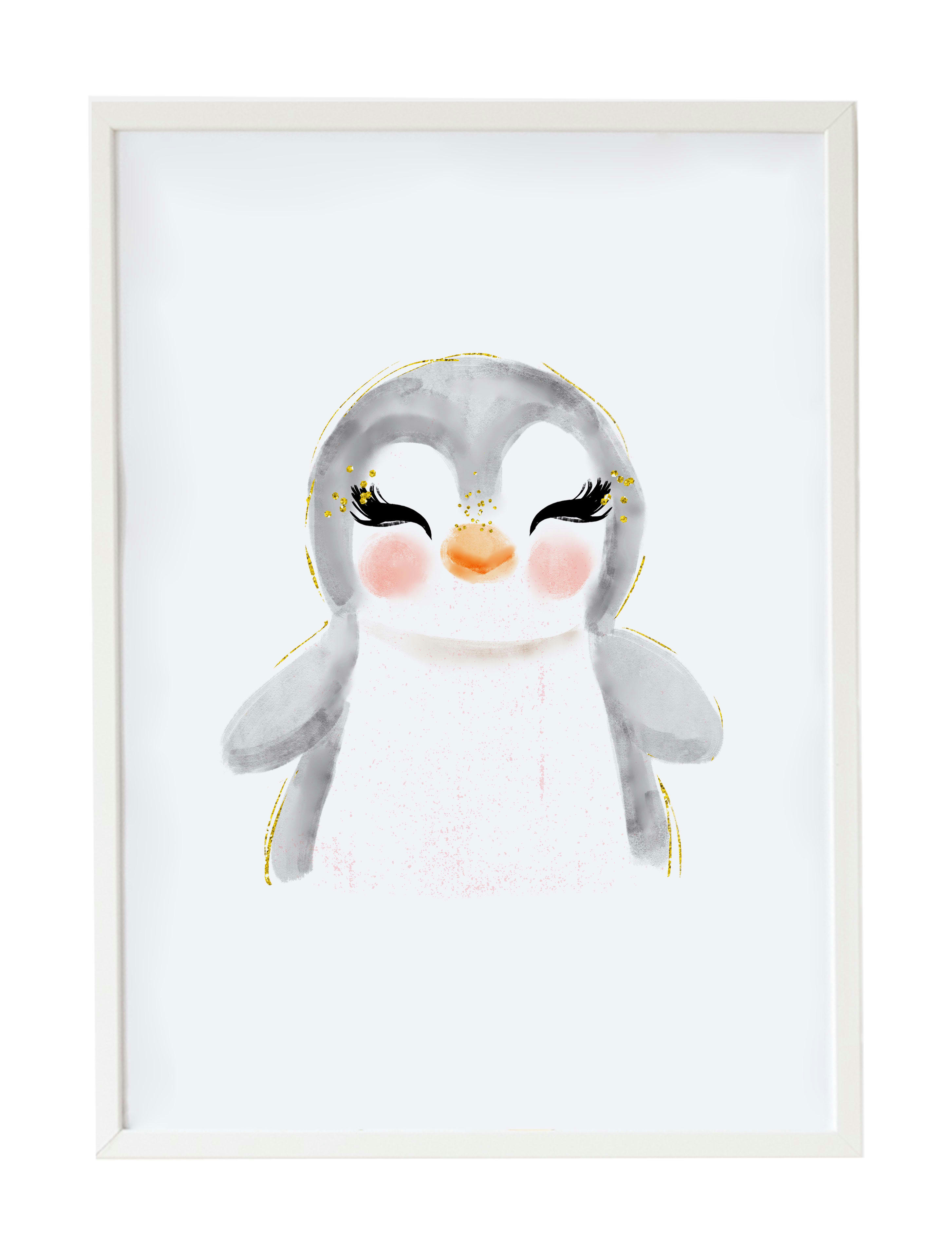 DECOWALL - Impression de pingouin encadrée en bois blanc 43X33 cm