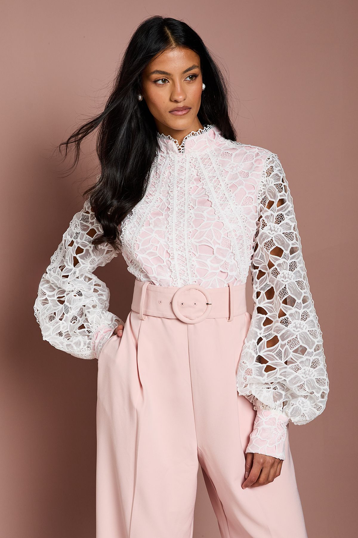 Coast Petite Organza Lace Belted Long Sleeve Jumpsuit