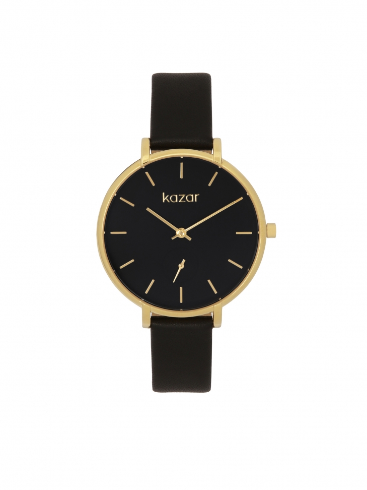 Black and gold watch on a leather strap