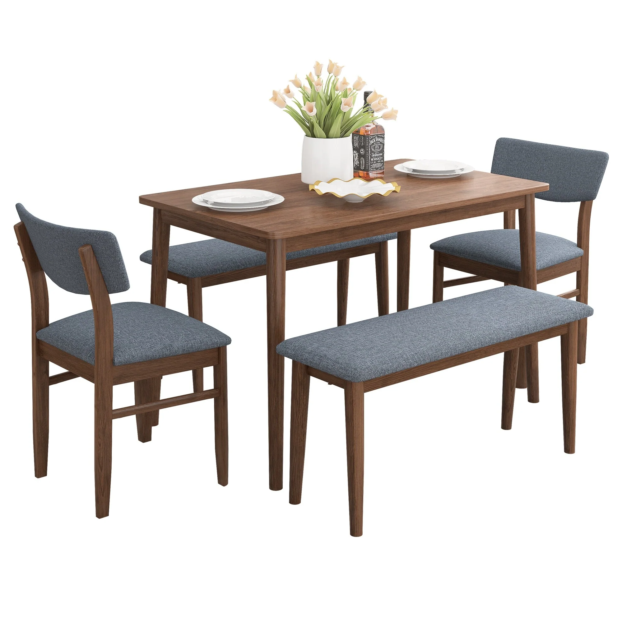 5-Piece Rubber Wood Dining Table Set with Rectangular Table, 2 Chairs & 2 Benches