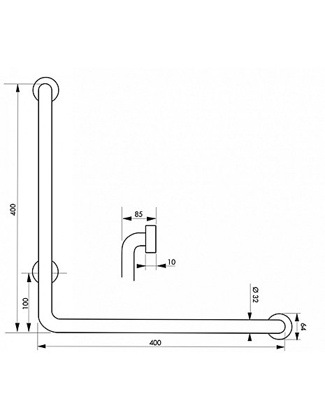 Barre de maintien coudée, inox 304, longueur 800mm, angle 90 degrés, diamètre 32mm, finition inox poli - THIRARD