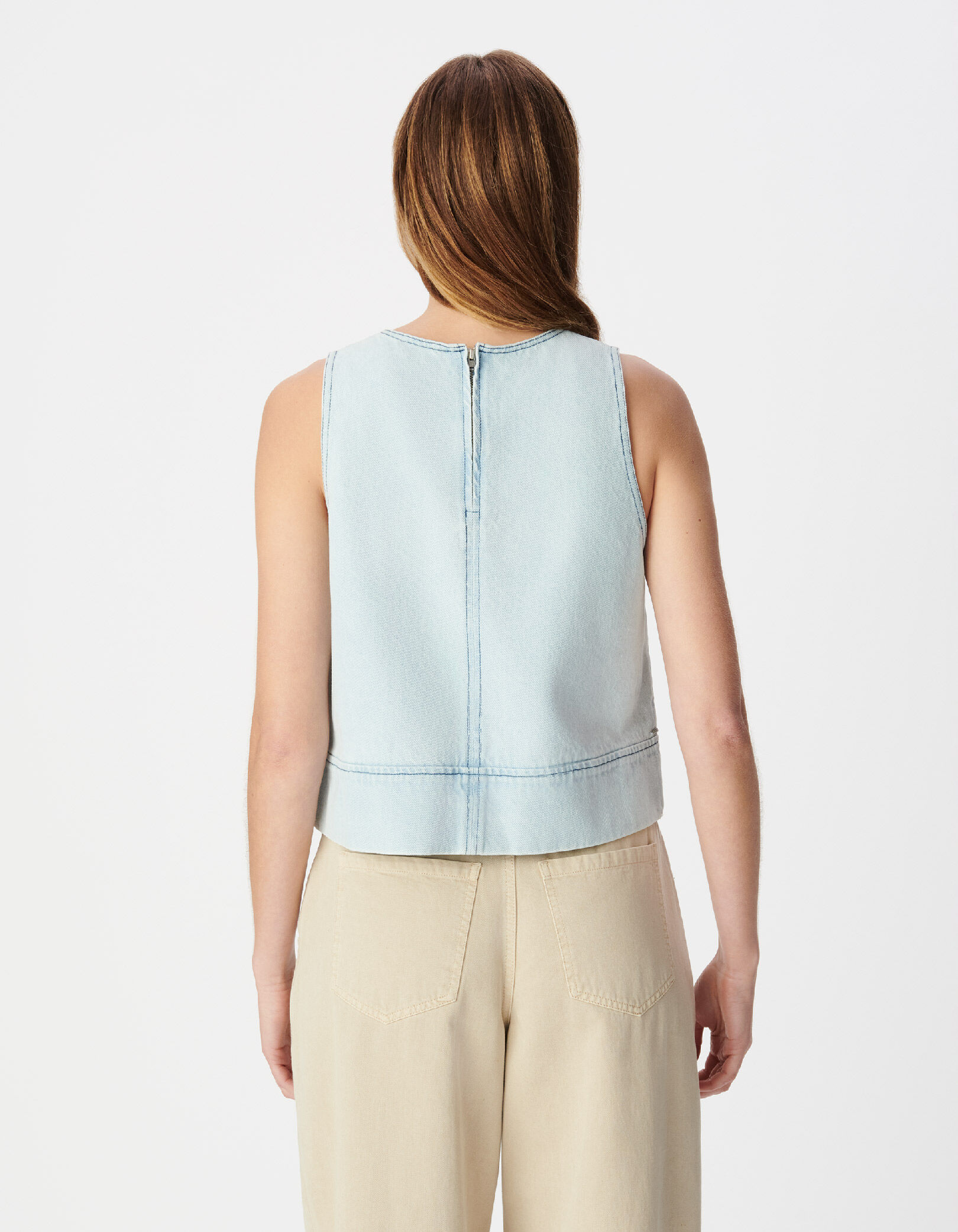 Top en jean bleu délavé sans manches zip dos Femme
