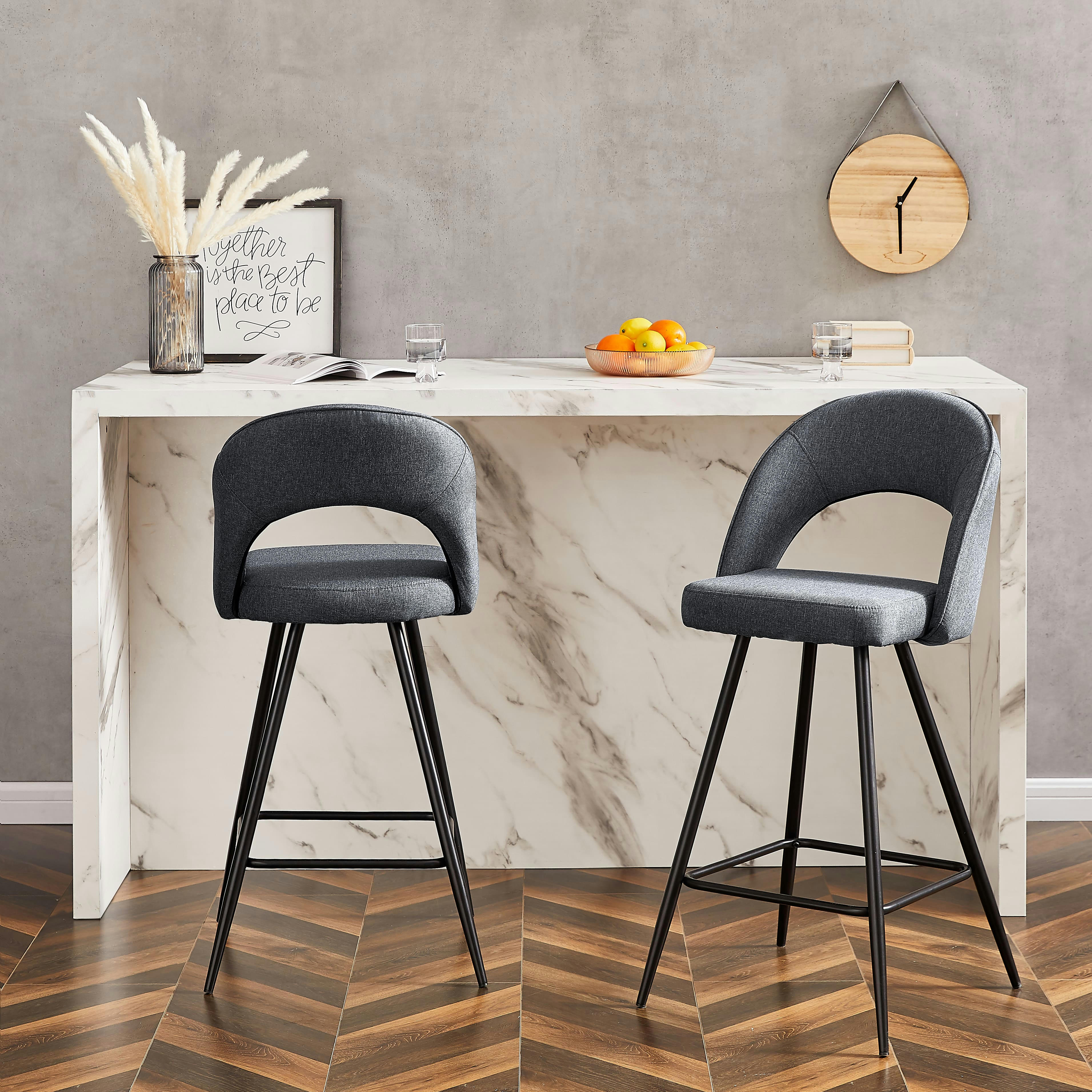 BASILE - Lot de 2 tabourets de bar en tissu gris piètement noir