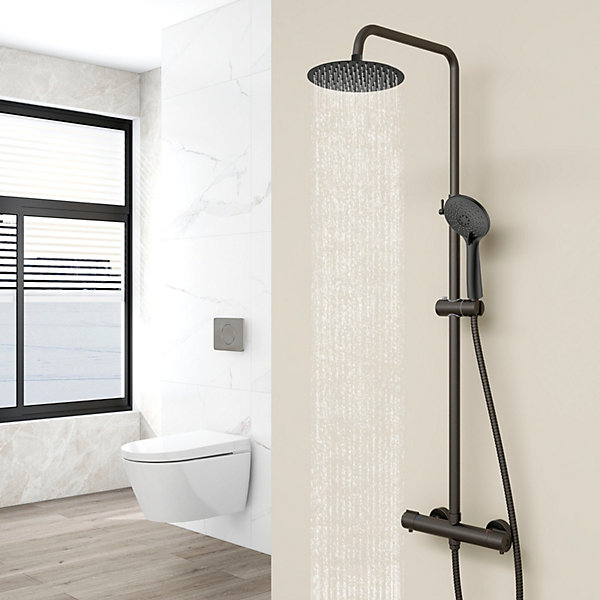 AICA Colonne de douche thermostatique noire mate, avec douche de tête ronde et douchette à main réglable en plusieurs modes