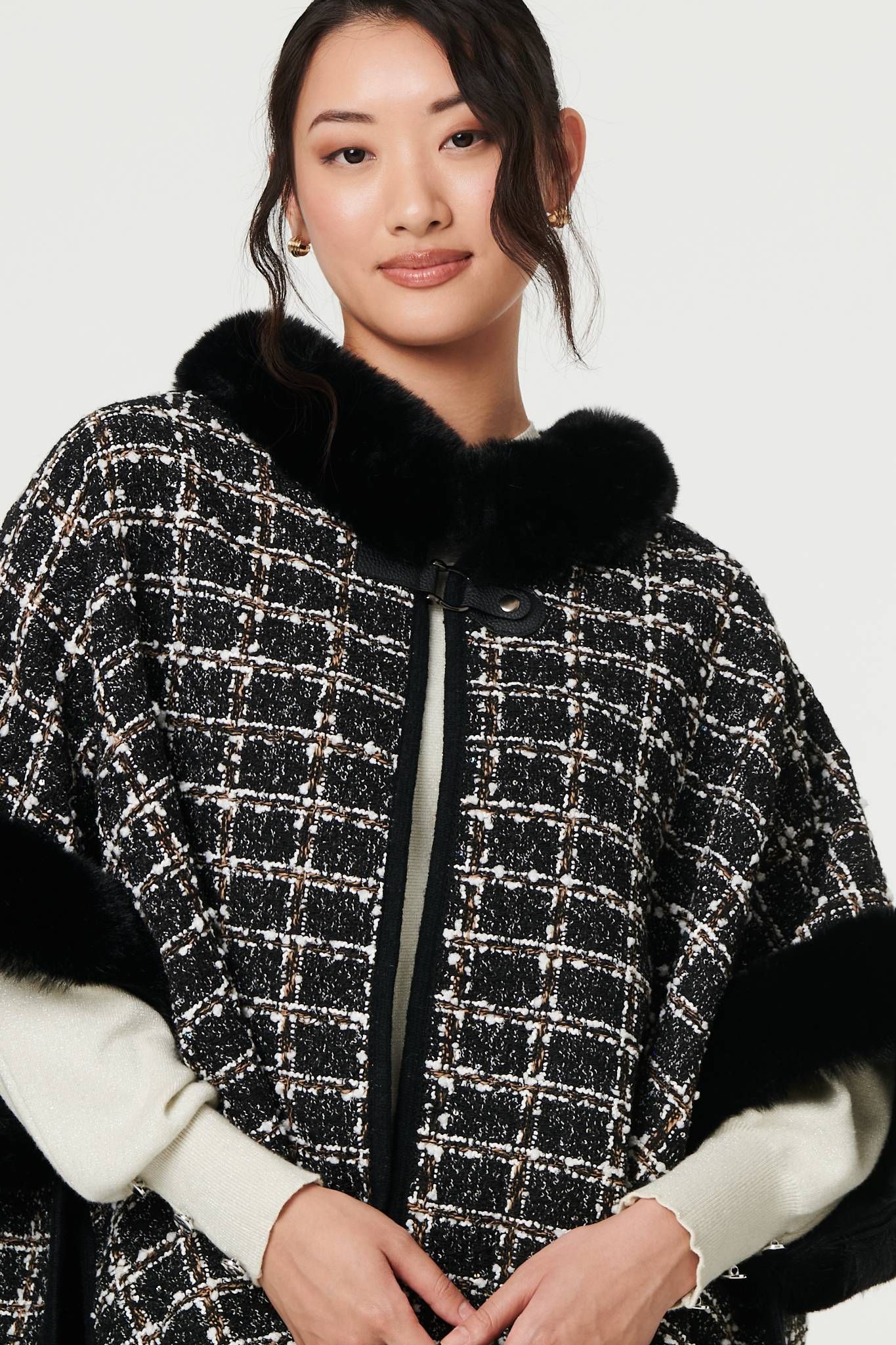 Izabel London Checked Faux Fur Trim 3/4 Sleeve Poncho