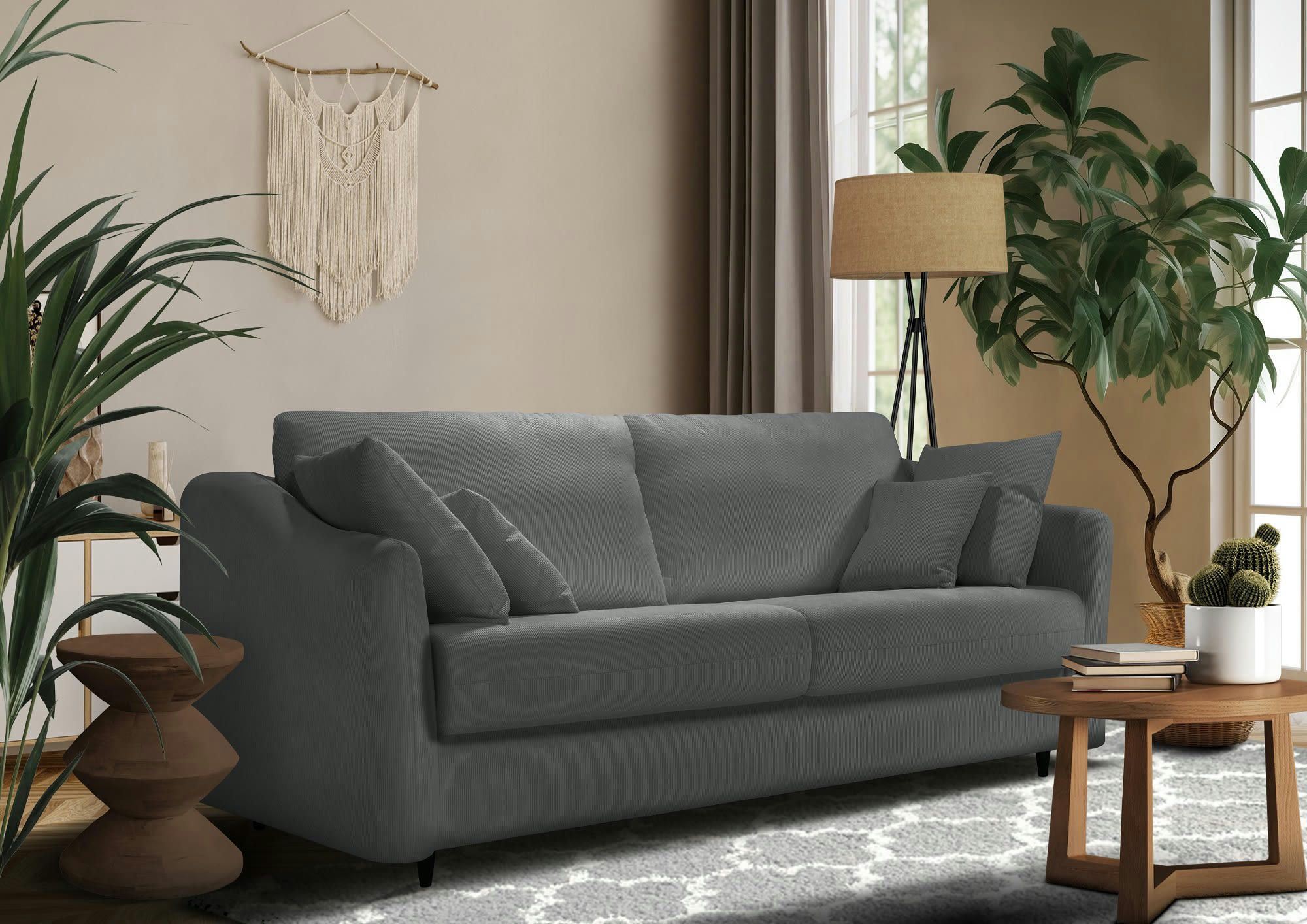 CAPELLA - Canapé droit convertible 3 places  en velours côtelé gris