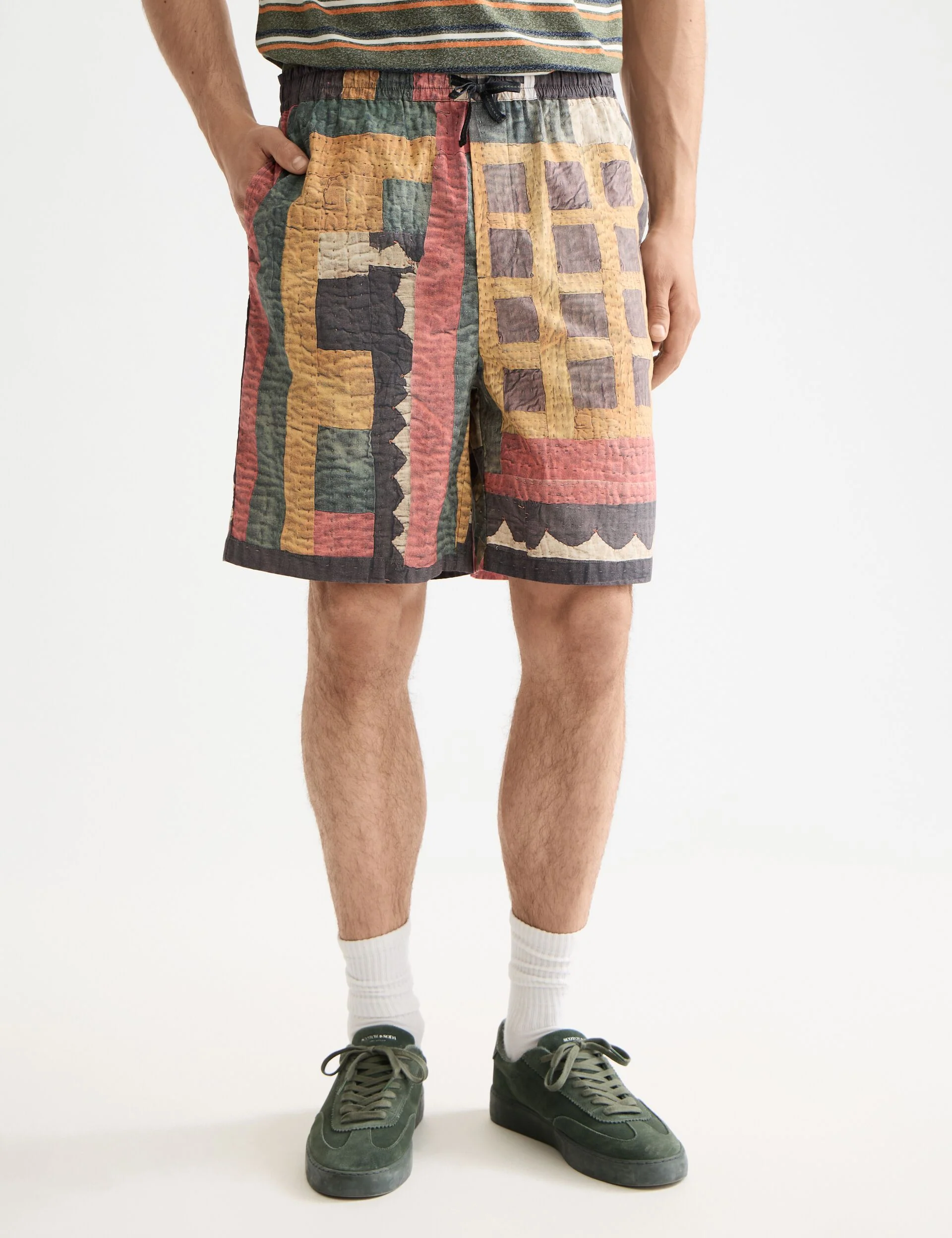 Printed patchwork cotton-poplin loose fit bermuda