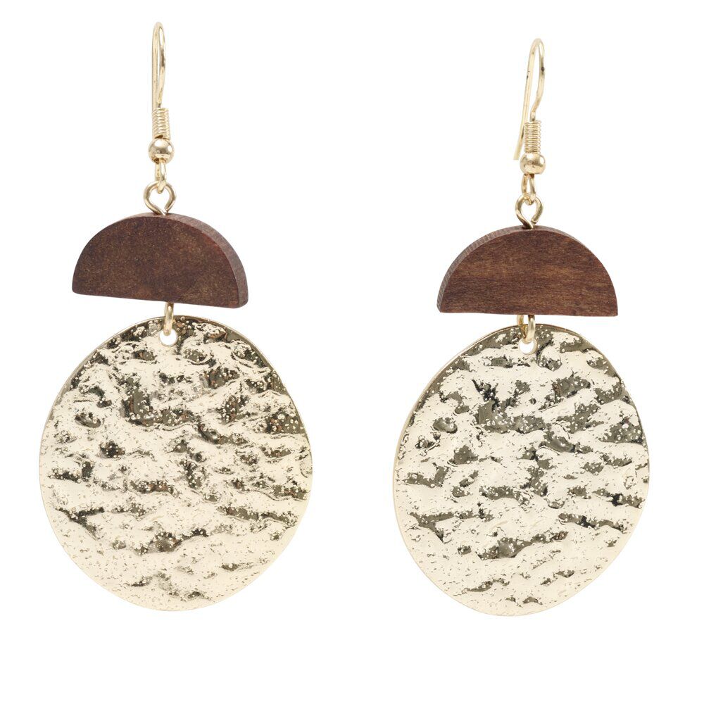 Boucles d'oreilles bois et métal martelé doré L3,5cm