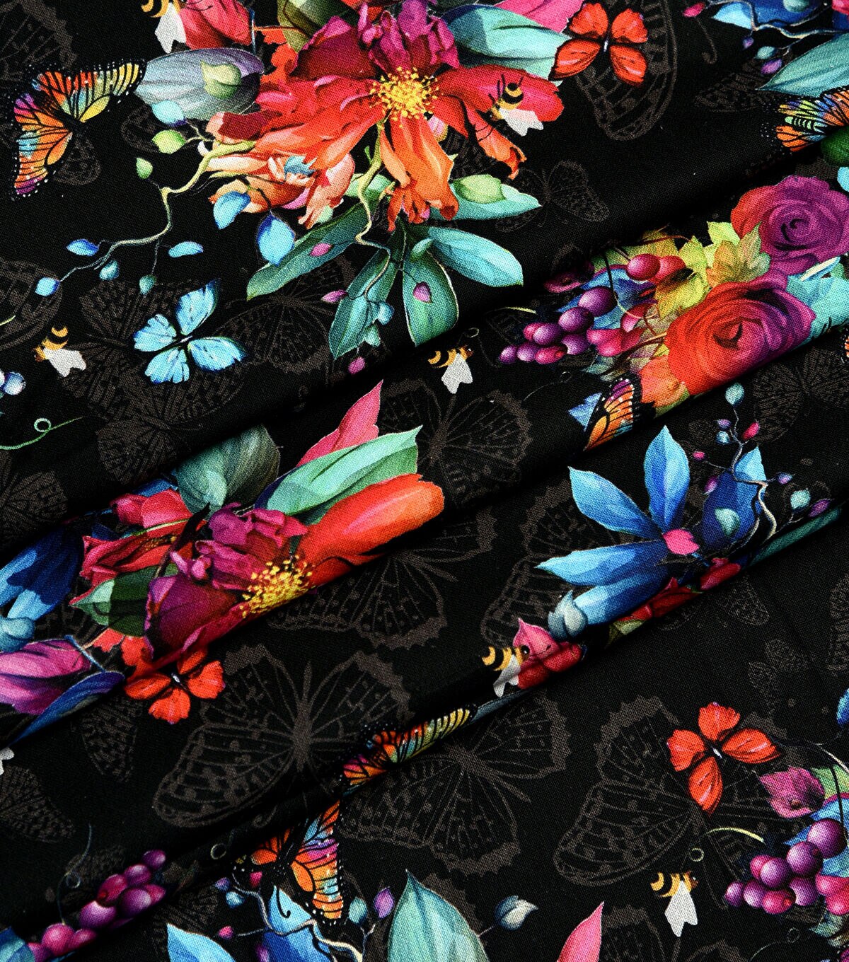 Floral on Black Premium Cotton Fabric