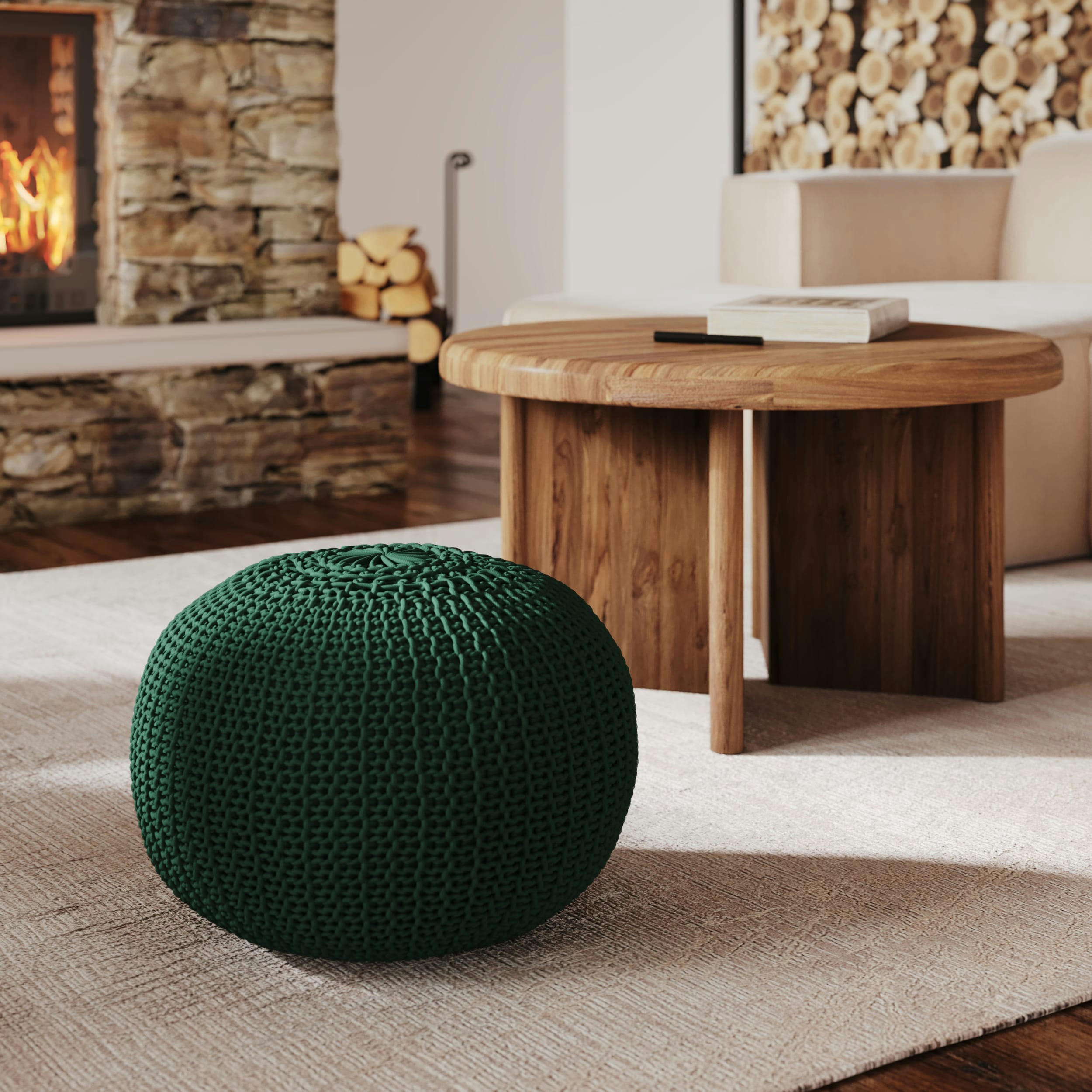 ELISA - Pouf tricot rond en coton vert sapin D40 cm