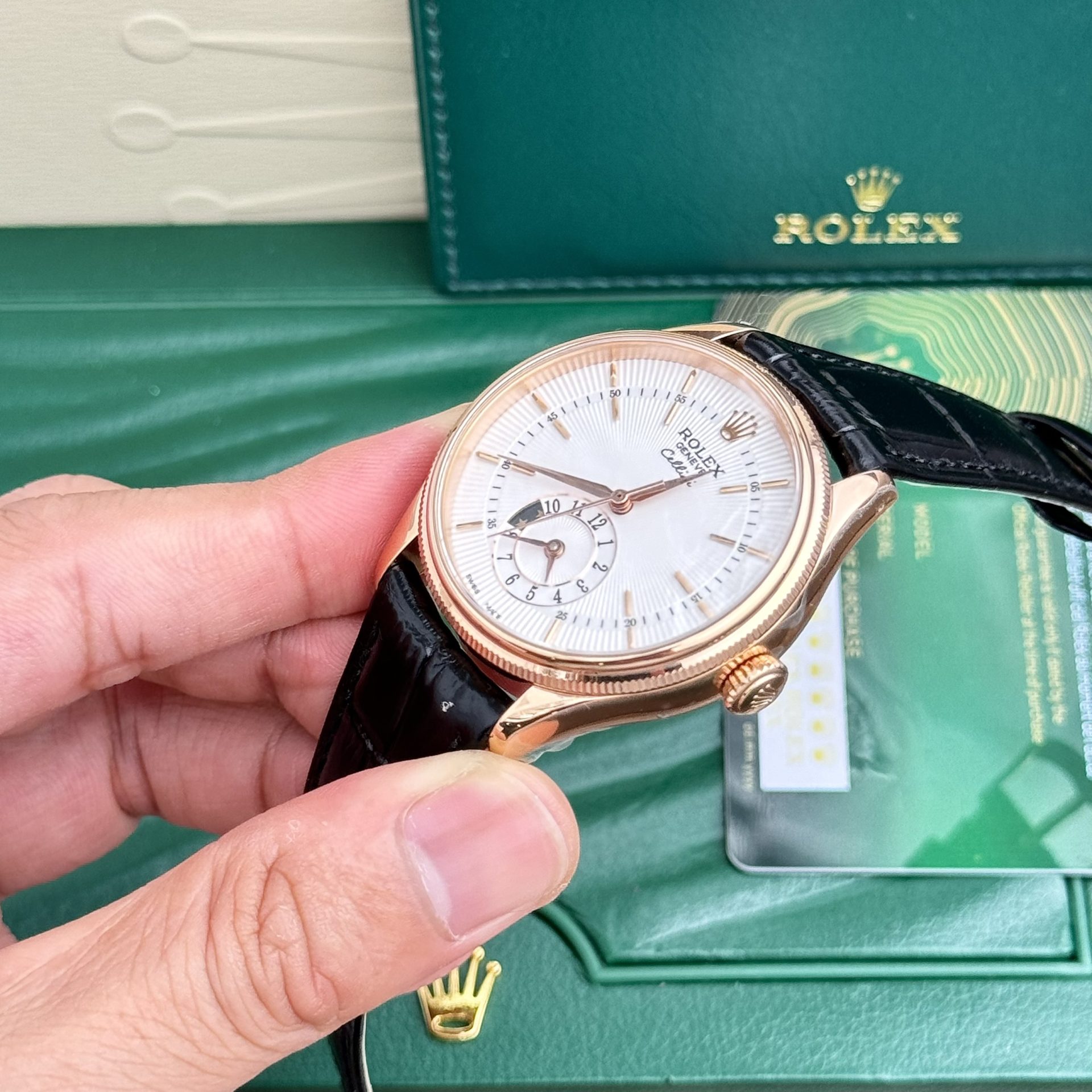 Rolex Cellini 50525 RG Plated White Dial 39mm Leather AAA Replica