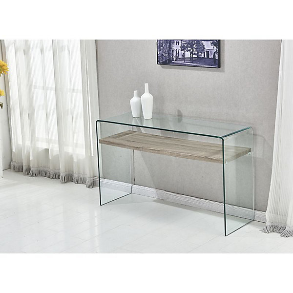 Console en verre trempé L. 125 cm étagère décor chêne clair - ICE