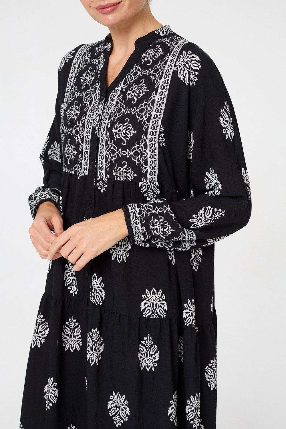 Izabel London Border Print Tier Long Sleeve Maxi Dress