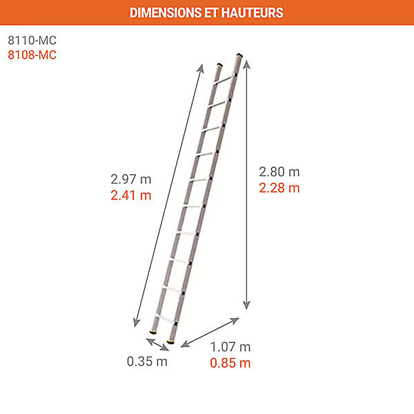 Echelle simple 10 échelons - Hauteur atteindre 2.80m - Largeur 0.35m - Avec 1 main-courante - 8110-MC