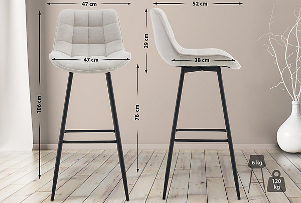 Lot de 2 tabourets de bar Dartford, Chaise de bar rembourrée, Structure métallique Crème/Tissu