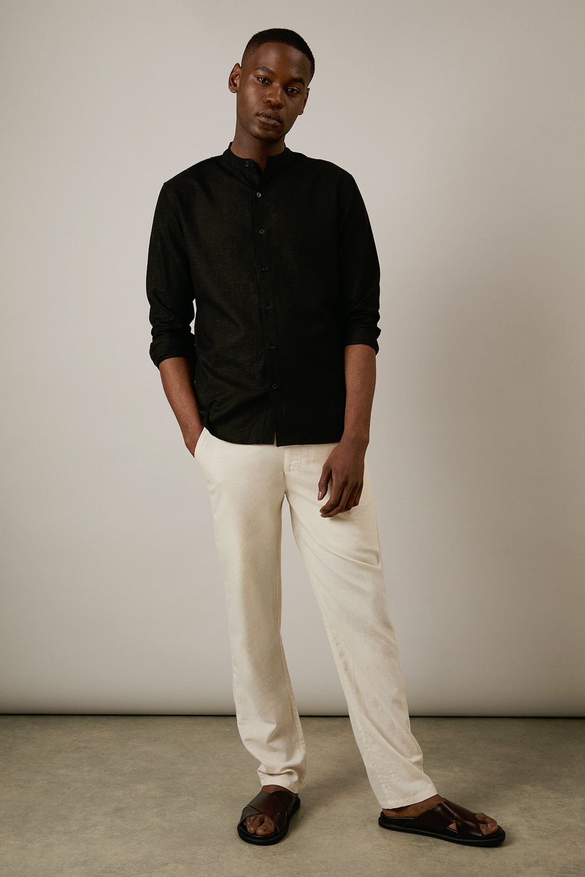 Burton Black Linen Blend Grandad Collar Shirt