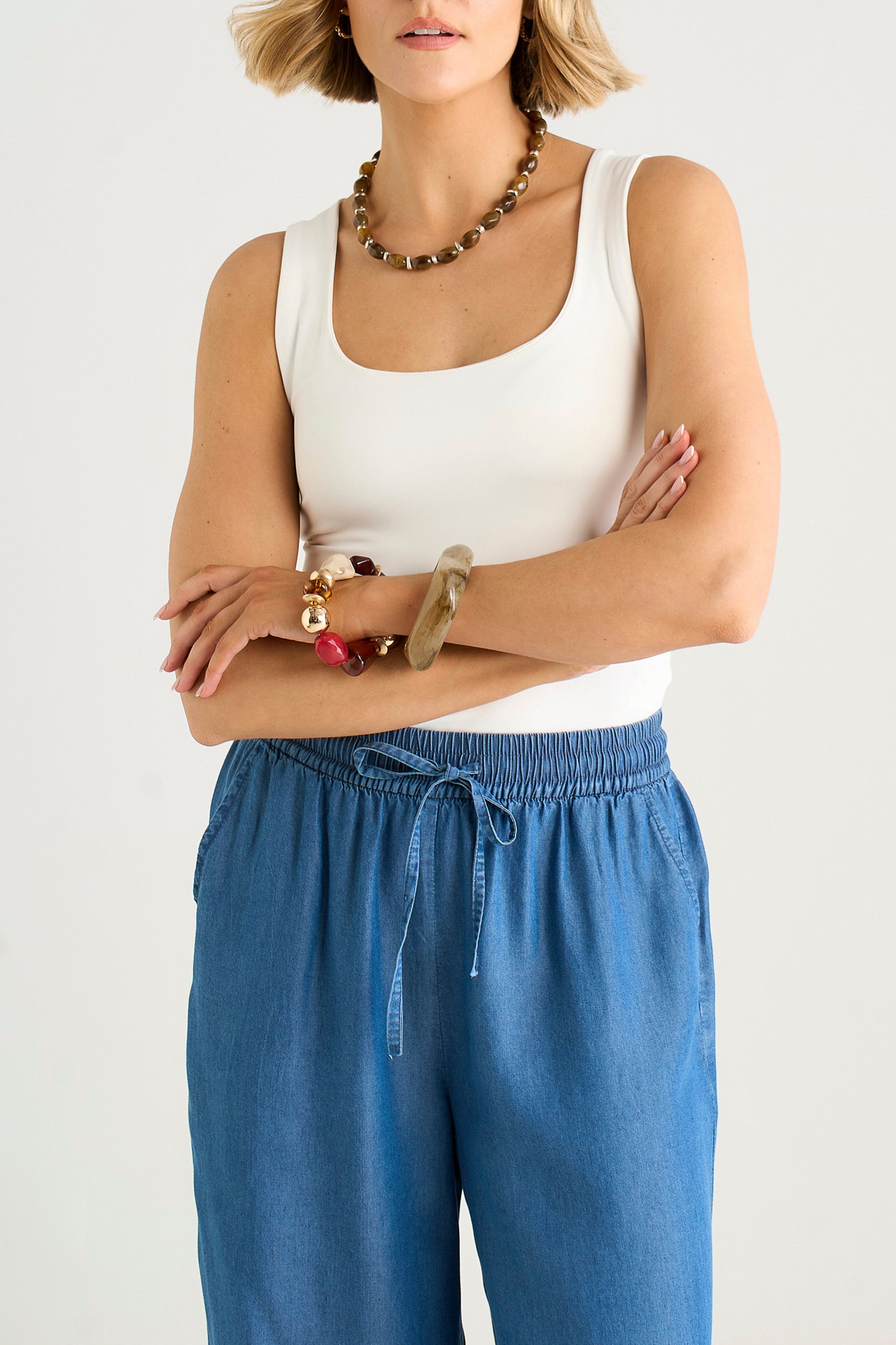 Gini London Blue Chambray Elasticated Waist Wide Leg Trousers