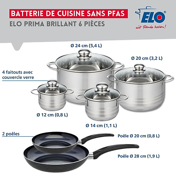 Ensemble de 2 Poêles de cuisson 20 et 28 cm et 4 faitouts 12, 14, 20 et 24 cm Elo Prima Brillant