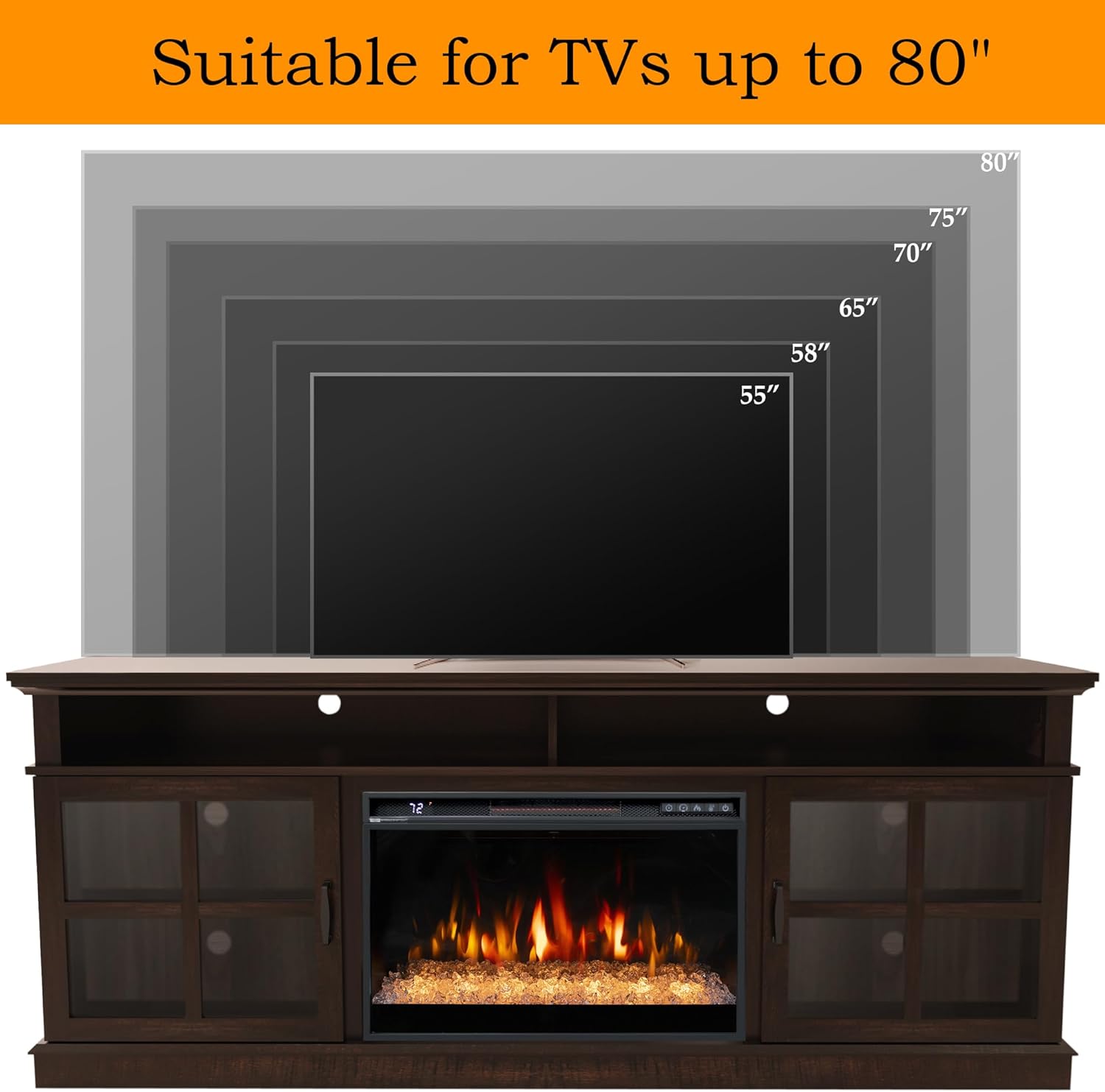 72 Fireplace TV Stand for TVs Up to 80, Entertainment Center with 26 Electric Fireplace, 5 Flame Colors Control with Remote, Modern Farmhouse Cabinet Console Glass Door, Brown