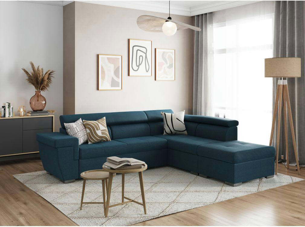 INAYA - Canapé d'angle droit 5 places convertible en tissu - Bleu pétrole