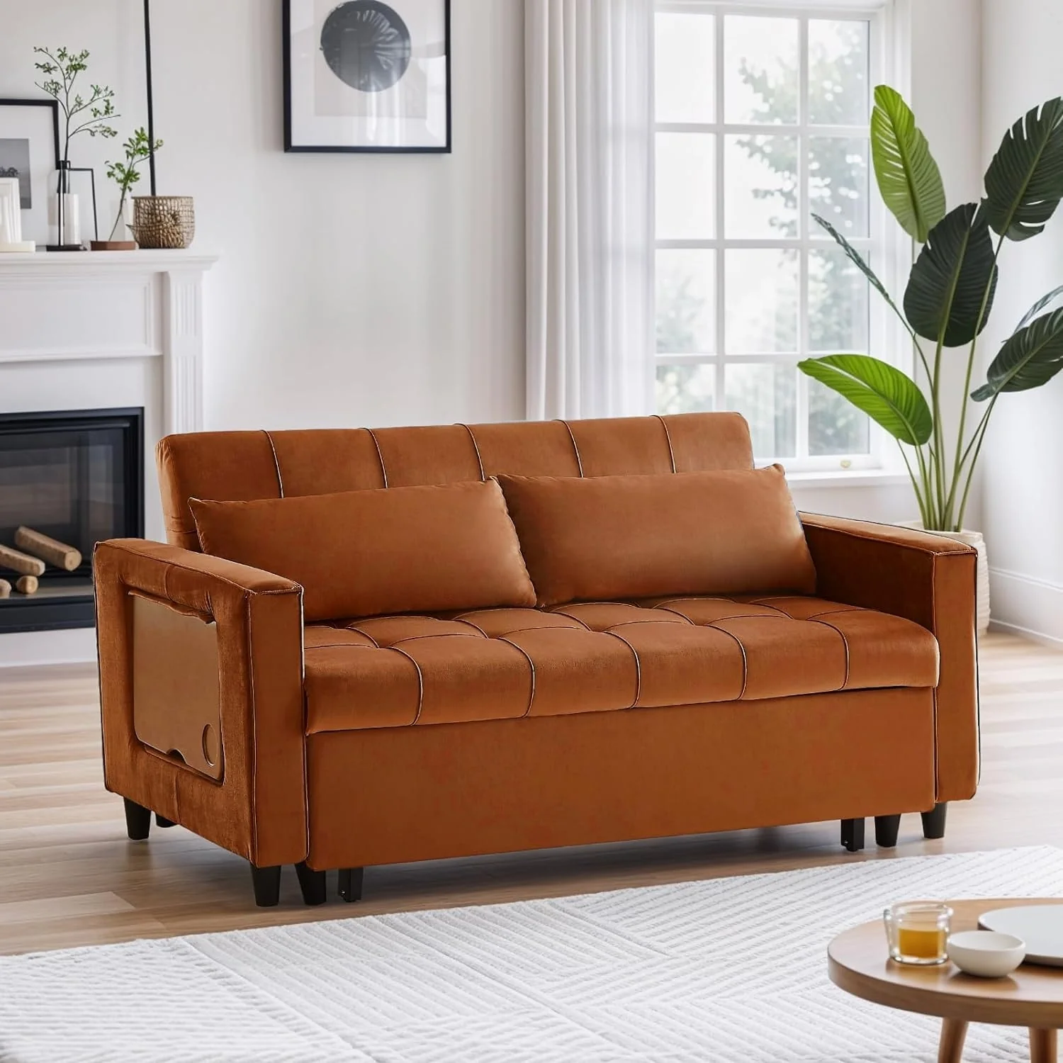 55 Inch Velvet Convertible Sofa, 3 in 1 Futon Couch with Pull-Out Bed/Adjustable Backrest Side Table/2 Lumbar Pillows