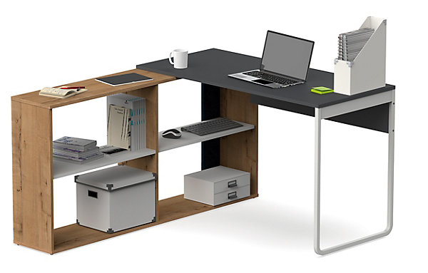Bureau angulaire réversible coloris chêne doré / gris - Hauteur 143 x Longueur 120 x Profondeur 72 cm