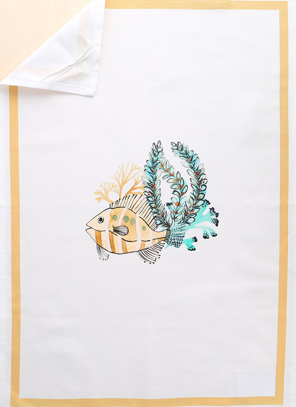 TORCHON EN COTON IMPRIMÉ POISSONS ET CORAUX BLANC OCRE