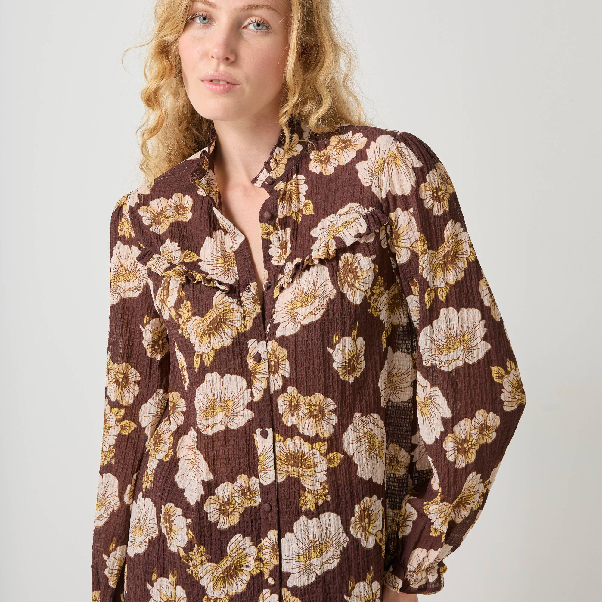 Blouse volantée imprimée floral, crépon