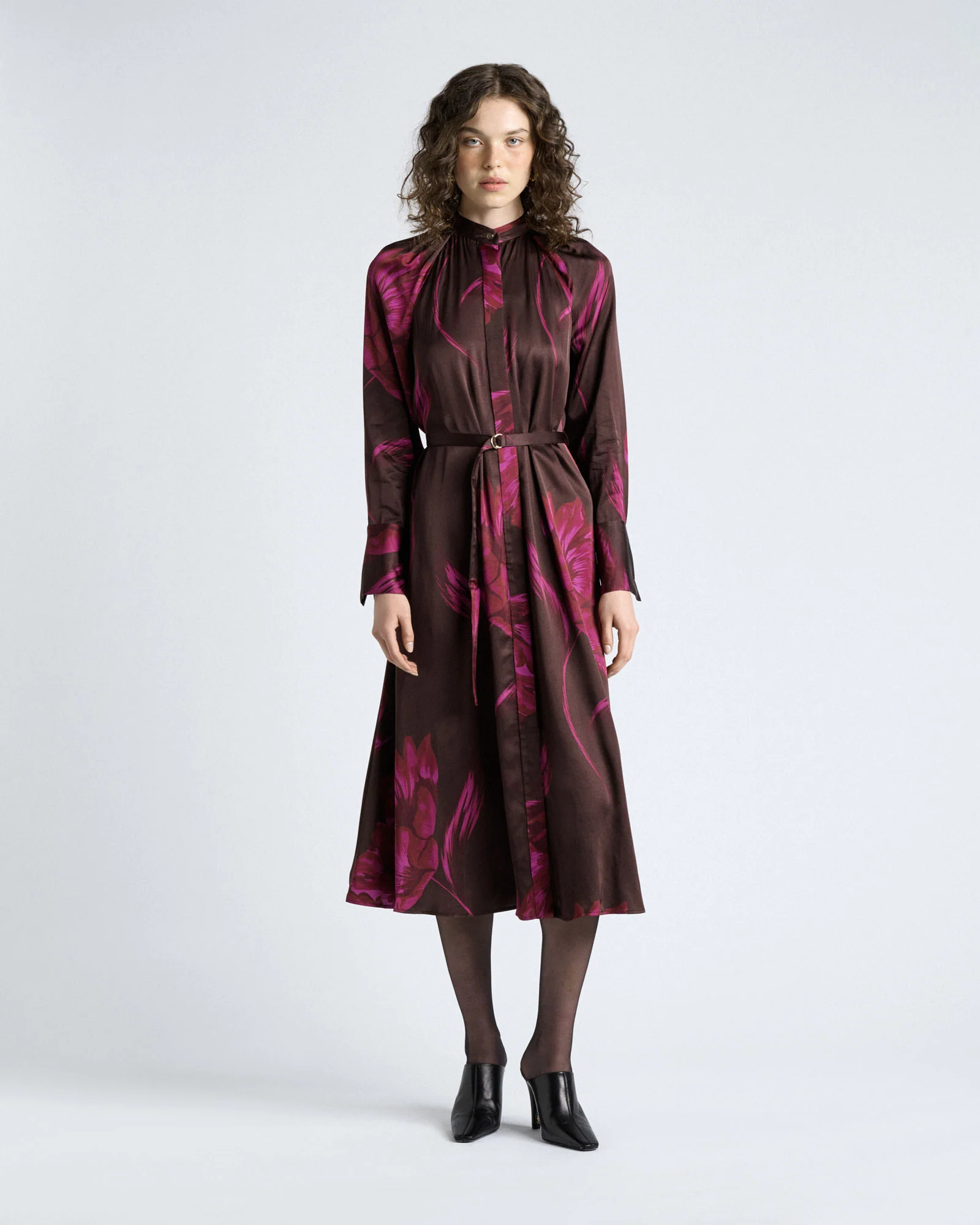 Chocolate Oversized Floral Belted Midi Dress